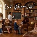 أشهر سبعة أطفال معجزة في التاريخ - صورة توضيحية تظهر أطفالاً موهوبين يمارسون أنشطة عبقرية متنوعة مثل العزف والقراءة والرياضيات في مكتبة كلاسيكية فخمة