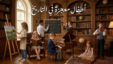 أشهر سبعة أطفال معجزة في التاريخ - صورة توضيحية تظهر أطفالاً موهوبين يمارسون أنشطة عبقرية متنوعة مثل العزف والقراءة والرياضيات في مكتبة كلاسيكية فخمة