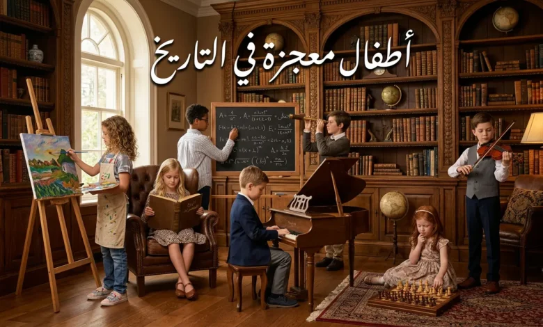 أشهر سبعة أطفال معجزة في التاريخ - صورة توضيحية تظهر أطفالاً موهوبين يمارسون أنشطة عبقرية متنوعة مثل العزف والقراءة والرياضيات في مكتبة كلاسيكية فخمة