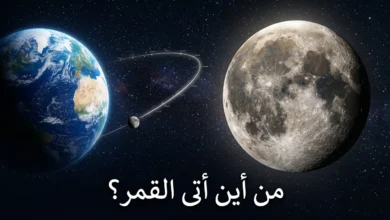 صورة فضائية واقعية تُظهر القمر بتفاصيل سطحه الحقيقية بجانب كوكب الأرض مع مسار يوحي بأصل نشأة القمر ورحلته عبر الزمان والمكان