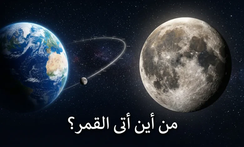 صورة فضائية واقعية تُظهر القمر بتفاصيل سطحه الحقيقية بجانب كوكب الأرض مع مسار يوحي بأصل نشأة القمر ورحلته عبر الزمان والمكان