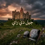 قلعة فرنسية قوطية من القرون الوسطى تقف فوق تلة في ضوء غروب درامي مع درع وسيف قديمين في المقدمة وعنوان جيل دي راي بالعربية