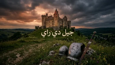 قلعة فرنسية قوطية من القرون الوسطى تقف فوق تلة في ضوء غروب درامي مع درع وسيف قديمين في المقدمة وعنوان جيل دي راي بالعربية