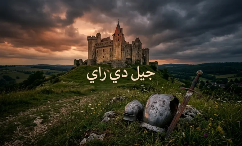 قلعة فرنسية قوطية من القرون الوسطى تقف فوق تلة في ضوء غروب درامي مع درع وسيف قديمين في المقدمة وعنوان جيل دي راي بالعربية