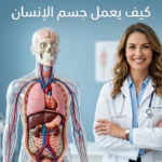 طبيبة ترتدي معطفاً أبيض تقف بجانب مجسم تشريحي شفاف لجسم الإنسان يُظهر القلب والرئتين والدماغ والجلد والأوعية الدموية مع عبارة كيف يعمل جسم الإنسان