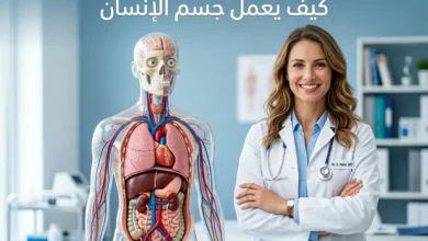 طبيبة ترتدي معطفاً أبيض تقف بجانب مجسم تشريحي شفاف لجسم الإنسان يُظهر القلب والرئتين والدماغ والجلد والأوعية الدموية مع عبارة كيف يعمل جسم الإنسان