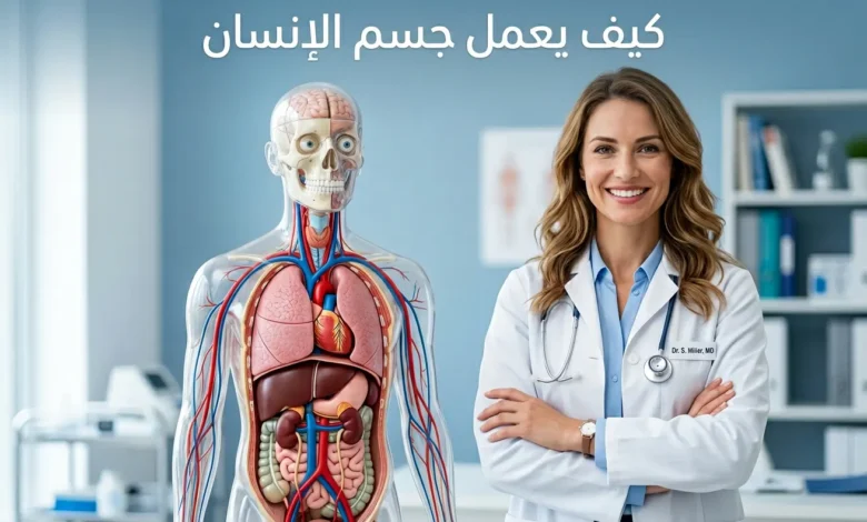 طبيبة ترتدي معطفاً أبيض تقف بجانب مجسم تشريحي شفاف لجسم الإنسان يُظهر القلب والرئتين والدماغ والجلد والأوعية الدموية مع عبارة كيف يعمل جسم الإنسان