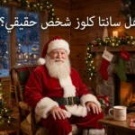 رجل كبير بلحية بيضاء يرتدي زي سانتا كلوز الأحمر يجلس بجانب مدفأة مزينة وشجرة كريسماس في ليلة عيد الميلاد مع كلمة هل سانتا كلوز شخص حقيقي