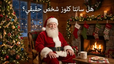 رجل كبير بلحية بيضاء يرتدي زي سانتا كلوز الأحمر يجلس بجانب مدفأة مزينة وشجرة كريسماس في ليلة عيد الميلاد مع كلمة هل سانتا كلوز شخص حقيقي