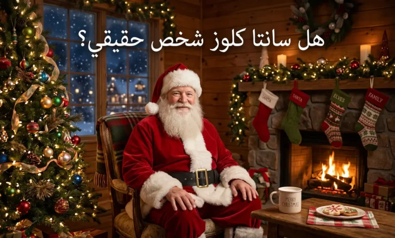 رجل كبير بلحية بيضاء يرتدي زي سانتا كلوز الأحمر يجلس بجانب مدفأة مزينة وشجرة كريسماس في ليلة عيد الميلاد مع كلمة هل سانتا كلوز شخص حقيقي