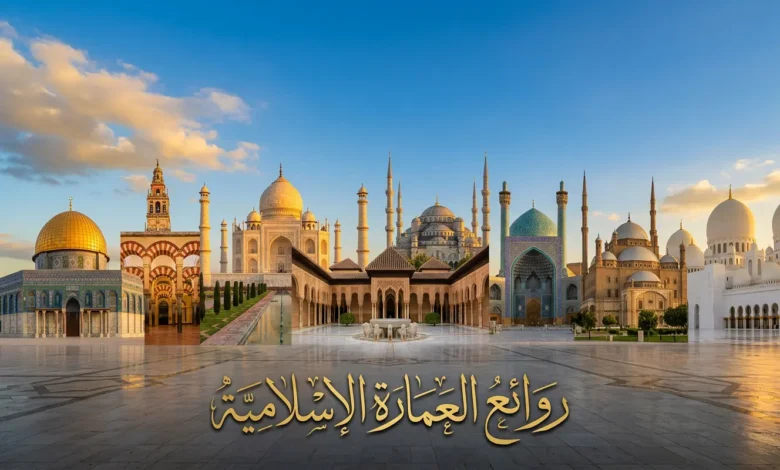صورة غلاف تعرض ثمانية من أشهر روائع العمارة الإسلامية حول العالم تشمل قبة الصخرة وجامع قرطبة وتاج محل وقصر الحمراء ومسجد السلطان أحمد ومسجد الإمام ومسجد محمد علي ومسجد الشيخ زايد الكبير مع عبارة روائع العمارة الإسلامية