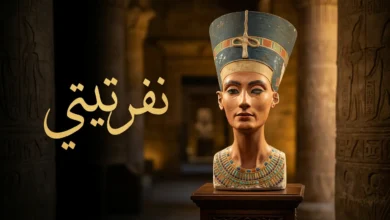 تمثال نفرتيتي النصفي الشهير بتاجها الأزرق المميز وملامحها الرشيقة على خلفية ذهبية داكنة تستحضر أجواء مصر الفرعونية القديمة