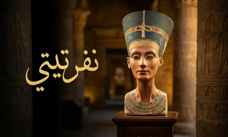 تمثال نفرتيتي النصفي الشهير بتاجها الأزرق المميز وملامحها الرشيقة على خلفية ذهبية داكنة تستحضر أجواء مصر الفرعونية القديمة