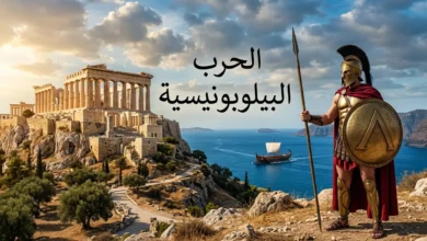 صورة توضيحية تاريخية واقعية تظهر معبد البارثينون في أثينا ومحارب إسبرطي مع سفينة حربية يونانية قديمة تمثل الحرب البيلوبونيسية التي شكلت اليونان القديمة