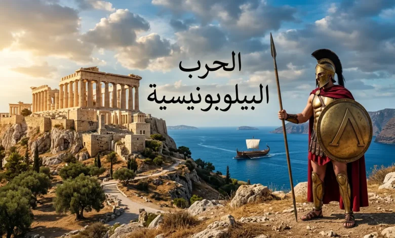 صورة توضيحية تاريخية واقعية تظهر معبد البارثينون في أثينا ومحارب إسبرطي مع سفينة حربية يونانية قديمة تمثل الحرب البيلوبونيسية التي شكلت اليونان القديمة