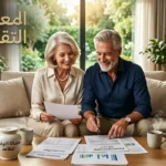 المعاشات التقاعدية - زوجان متقاعدان سعيدان يراجعان مستنداتهما المالية في غرفة معيشة أنيقة للتخطيط لدخل التقاعد المضمون