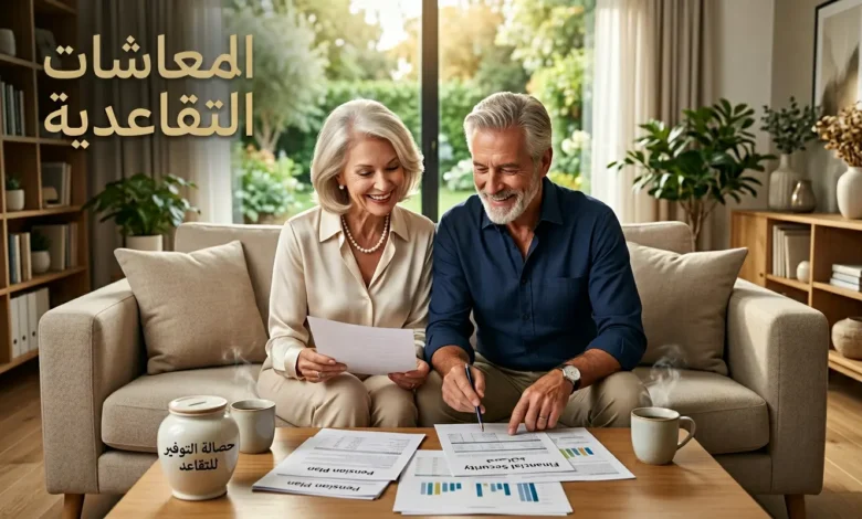 المعاشات التقاعدية - زوجان متقاعدان سعيدان يراجعان مستنداتهما المالية في غرفة معيشة أنيقة للتخطيط لدخل التقاعد المضمون