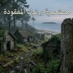 صورة واقعية تُظهر بقايا مستعمرة رونوك المهجورة على جزيرة ساحلية أمريكية مع أكواخ خشبية متهالكة وجذع شجرة منحوت عليه كلمة CROATOAN وسط أجواء ضبابية غامضة