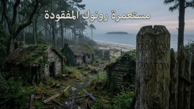 صورة واقعية تُظهر بقايا مستعمرة رونوك المهجورة على جزيرة ساحلية أمريكية مع أكواخ خشبية متهالكة وجذع شجرة منحوت عليه كلمة CROATOAN وسط أجواء ضبابية غامضة