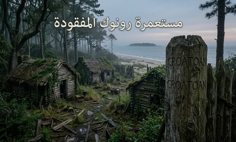 صورة واقعية تُظهر بقايا مستعمرة رونوك المهجورة على جزيرة ساحلية أمريكية مع أكواخ خشبية متهالكة وجذع شجرة منحوت عليه كلمة CROATOAN وسط أجواء ضبابية غامضة