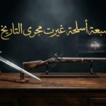 صورة غلاف تعرض ثلاثة أسلحة تاريخية مرتبة في عرض متحفي أنيق تشمل سيف فارس قديم وبندقية كلاسيكية من القرن التاسع عشر وسحابة نووية باهتة في الخلفية مع عنوان سبعة أسلحة غيرت مجرى التاريخ بالخط العربي الذهبي