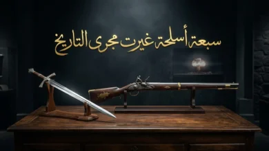 صورة غلاف تعرض ثلاثة أسلحة تاريخية مرتبة في عرض متحفي أنيق تشمل سيف فارس قديم وبندقية كلاسيكية من القرن التاسع عشر وسحابة نووية باهتة في الخلفية مع عنوان سبعة أسلحة غيرت مجرى التاريخ بالخط العربي الذهبي