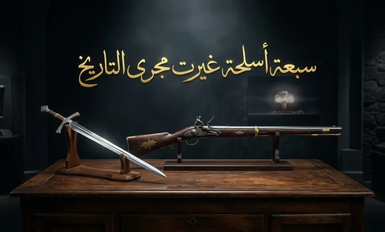 صورة غلاف تعرض ثلاثة أسلحة تاريخية مرتبة في عرض متحفي أنيق تشمل سيف فارس قديم وبندقية كلاسيكية من القرن التاسع عشر وسحابة نووية باهتة في الخلفية مع عنوان سبعة أسلحة غيرت مجرى التاريخ بالخط العربي الذهبي