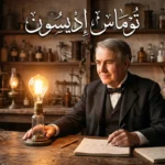 صورة واقعية تُجسّد المخترع توماس إديسون وهو جالس في مختبره أمام مصباح كهربائي متوهج يُضيء بلون ذهبي دافئ، مع كتابة عبارة توماس إديسون باللغة العربية