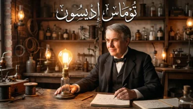 صورة واقعية تُجسّد المخترع توماس إديسون وهو جالس في مختبره أمام مصباح كهربائي متوهج يُضيء بلون ذهبي دافئ، مع كتابة عبارة توماس إديسون باللغة العربية