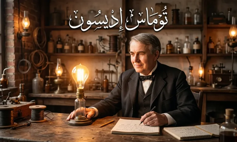 صورة واقعية تُجسّد المخترع توماس إديسون وهو جالس في مختبره أمام مصباح كهربائي متوهج يُضيء بلون ذهبي دافئ، مع كتابة عبارة توماس إديسون باللغة العربية