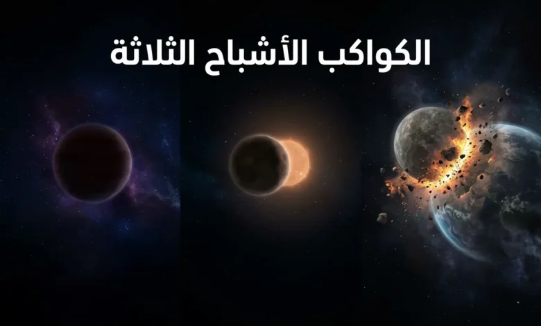 صورة فضائية واقعية تُظهر الكواكب الأشباح الثلاثة: ثيا الذي اصطدم بالأرض وكوّن القمر، وفولكان الكوكب الافتراضي القريب من الشمس، ونيبيرو الكوكب الغامض في أعماق الفضاء، مع نص عربي يوضح عنوان الكواكب الأشباح الثلاثة