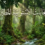 صورة واقعية لغابة استوائية مطيرة كثيفة تظهر فيها أشجار شاهقة ونباتات متسلقة وأوراق استوائية عريضة مع ضباب خفيف وأشعة شمس تتسلل بين المظلة العلوية وجدول ماء صافٍ يجري بين الصخور