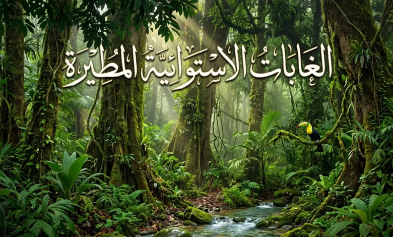 صورة واقعية لغابة استوائية مطيرة كثيفة تظهر فيها أشجار شاهقة ونباتات متسلقة وأوراق استوائية عريضة مع ضباب خفيف وأشعة شمس تتسلل بين المظلة العلوية وجدول ماء صافٍ يجري بين الصخور