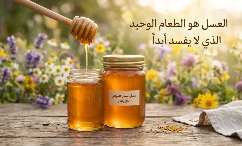 برطمان عسل طبيعي ذهبي مع ملعقة خشبية وأزهار برية – العسل هو الطعام الوحيد الذي لا يفسد أبداً