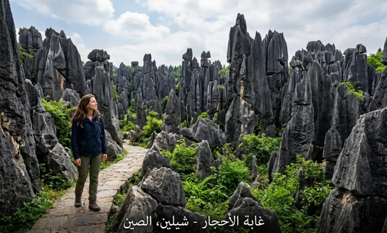 أعمدة حجرية كلسية ضخمة في غابة الأحجار شيلين بمقاطعة يونان الصينية مع شخص يتأملها