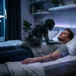 شخص يعاني من شلل النوم (الجاثوم) مستلقٍ على سرير بإضاءة زرقاء خافتة مع ظل يمثّل الجاثوم الأسطوري