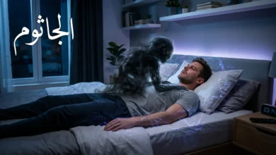 شخص يعاني من شلل النوم (الجاثوم) مستلقٍ على سرير بإضاءة زرقاء خافتة مع ظل يمثّل الجاثوم الأسطوري