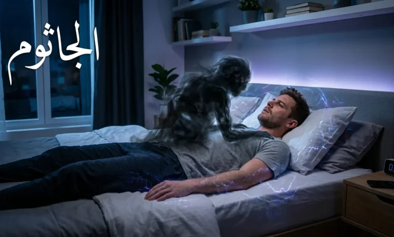 شخص يعاني من شلل النوم (الجاثوم) مستلقٍ على سرير بإضاءة زرقاء خافتة مع ظل يمثّل الجاثوم الأسطوري