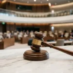مطرقة القضاء ترمز إلى تحقيق العدالة في أحكام رموز النظام السوري.