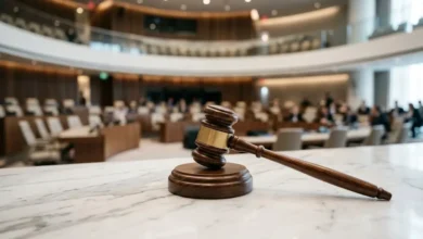 مطرقة القضاء ترمز إلى تحقيق العدالة في أحكام رموز النظام السوري.