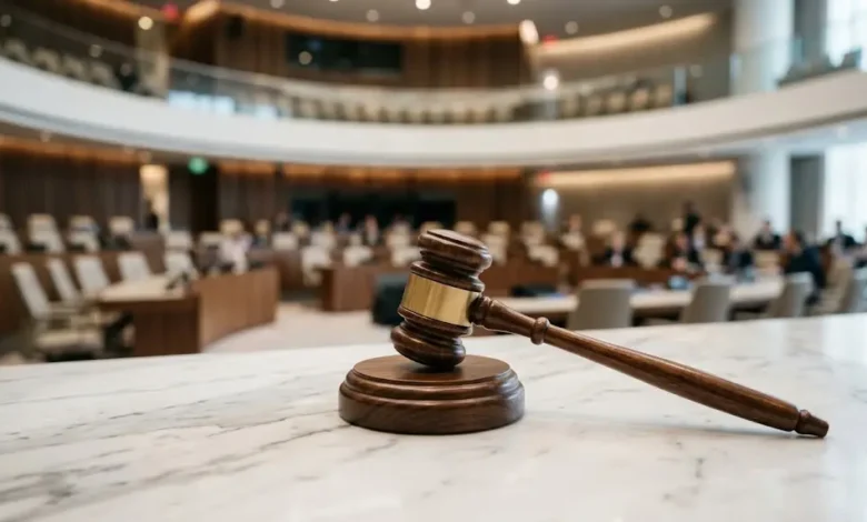 مطرقة القضاء ترمز إلى تحقيق العدالة في أحكام رموز النظام السوري.