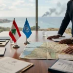 خريطة وعلم لبنان في اجتماع دبلوماسي لبحث انسحاب الاحتلال من الجنوب.