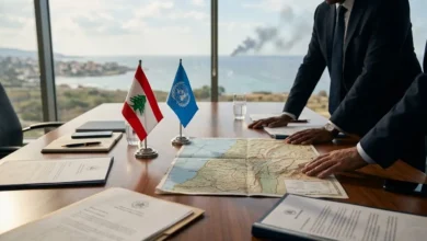 خريطة وعلم لبنان في اجتماع دبلوماسي لبحث انسحاب الاحتلال من الجنوب.