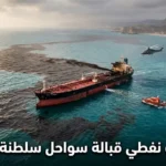 تسرب نفطي ضخم من ناقلة نفط روسية قبالة سواحل سلطنة عُمان يُشكّل بقعة نفطية داكنة تمتد في مياه بحر العرب مع وجود سفن إنقاذ وطائرات تتجه نحو موقع الحادث
