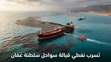 تسرب نفطي ضخم من ناقلة نفط روسية قبالة سواحل سلطنة عُمان يُشكّل بقعة نفطية داكنة تمتد في مياه بحر العرب مع وجود سفن إنقاذ وطائرات تتجه نحو موقع الحادث