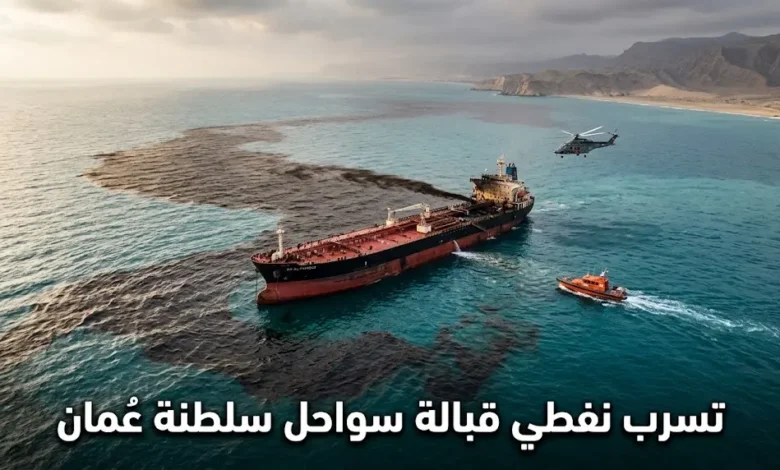 تسرب نفطي ضخم من ناقلة نفط روسية قبالة سواحل سلطنة عُمان يُشكّل بقعة نفطية داكنة تمتد في مياه بحر العرب مع وجود سفن إنقاذ وطائرات تتجه نحو موقع الحادث