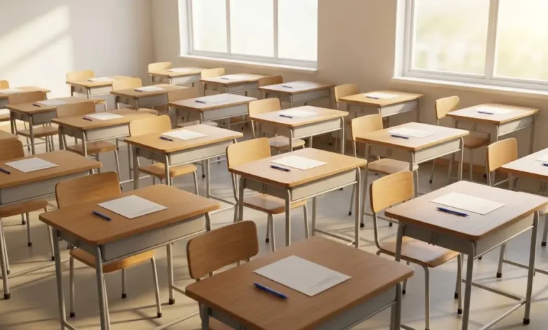 قاعة مدرسية منظمة ومجهزة لانطلاق امتحانات الدورة الاستثنائية لطلاب السويداء