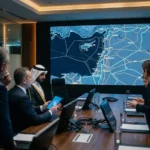 خريطة رقمية لسوريا في غرفة عمليات تعبر عن التوترات السياسية والتحالفات الدفاعية الجديدة.