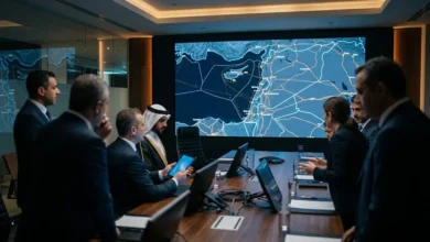 خريطة رقمية لسوريا في غرفة عمليات تعبر عن التوترات السياسية والتحالفات الدفاعية الجديدة.