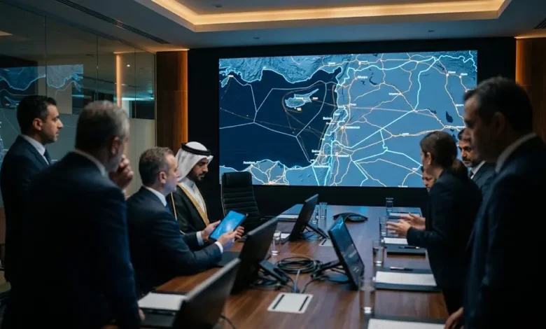خريطة رقمية لسوريا في غرفة عمليات تعبر عن التوترات السياسية والتحالفات الدفاعية الجديدة.